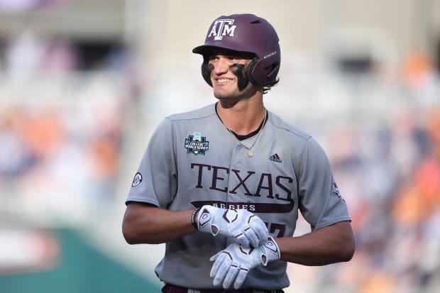 Texas A&M's Jace LaViolette (17) smiles during Game 3 of the NCAA College World Series Final between Tennessee and Texas A&M.