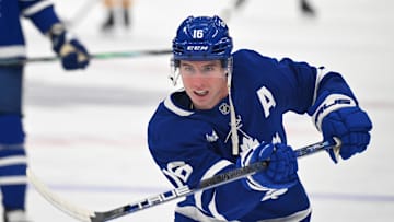 Dec 4, 2024; Toronto, Ontario, CAN;  Toronto Maple Leafs forward Mitch Marner (16) warms up before playing the Nashville Predators at Scotiabank Arena. Mandatory Credit: Dan Hamilton-Imagn Images