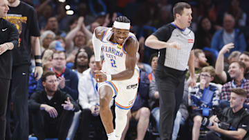 Oct 17, 2024; Oklahoma City, Oklahoma, USA; Oklahoma City Thunder guard Shai Gilgeous-Alexander (2) runs down the court after scoring a three point basket against the Atlanta Hawks during the first quarter at Paycom Center. Mandatory Credit: Alonzo Adams-Imagn Images