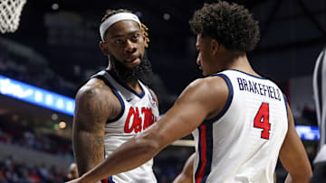 Dec 7, 2024; Oxford, Mississippi, USA; Mississippi Rebels forward Mikeal Brown-Jones (1) reacts with forward Jaemyn Brakefield (4) after a basket against the Lindenwood Lions during the second half at The Sandy and John Black Pavilion at Ole Miss. Mandatory Credit: Petre Thomas-Imagn Images