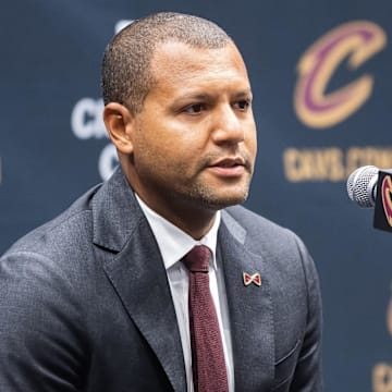 Oct 2, 2023; Cleveland, OH, USA;  Cleveland Cavaliers general manager Koby Altman talks to the media during media day at Rocket Mortgage FieldHouse. Mandatory Credit: Ken Blaze-Imagn Images