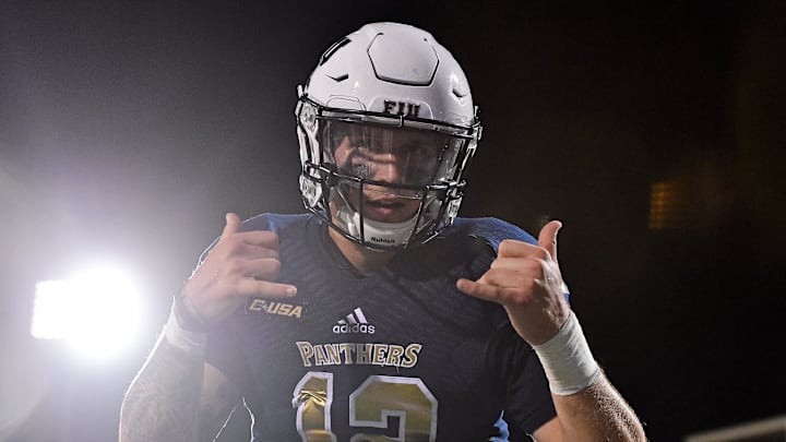 Nov 4, 2017; Miami, FL, USA; Fiu Golden Panthers quarterback Alex McGough (12) celebrates after the touchdown of wide receiver Thomas Owens (81, not pictured) against the UTSA Roadrunners during the second half at Riccardo Silva Stadium. Mandatory Credit: Jasen Vinlove-Imagn Images Nov 4, 2017; Miami, FL, USA; Fiu Golden Panthers quarterback Alex McGough (12) celebrates after the touchdown of wide receiver Thomas Owens (81, not pictured) against the UTSA Roadrunners during the second half at Riccardo Silva Stadium. Mandatory Credit: Jasen Vinlove-Imagn Images