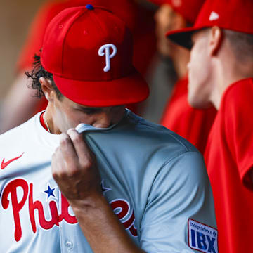 Aug 2, 2024; Seattle, Washington, USA; Philadelphia Phillies starting pitcher Tyler Phillips (48) walks in the dugout after being relieved for against the Seattle Mariners during the second inning at T-Mobile Park