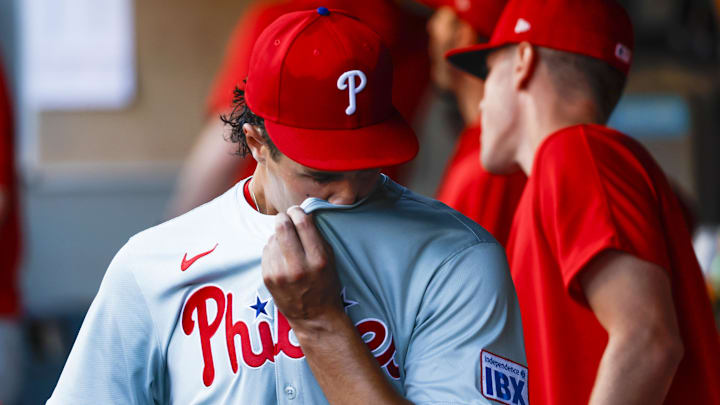 Aug 2, 2024; Seattle, Washington, USA; Philadelphia Phillies starting pitcher Tyler Phillips (48) walks in the dugout after being relieved for against the Seattle Mariners during the second inning at T-Mobile Park