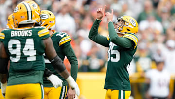 Oct 12, 2025; Green Bay, Wisconsin, USA; Green Bay Packers kicker Lucas Havrisik (35) celebrates a field goal during the second quarter against the Cincinnati Bengals at Lambeau Field. Mandatory Credit: Kayla Wolf-Imagn Images
