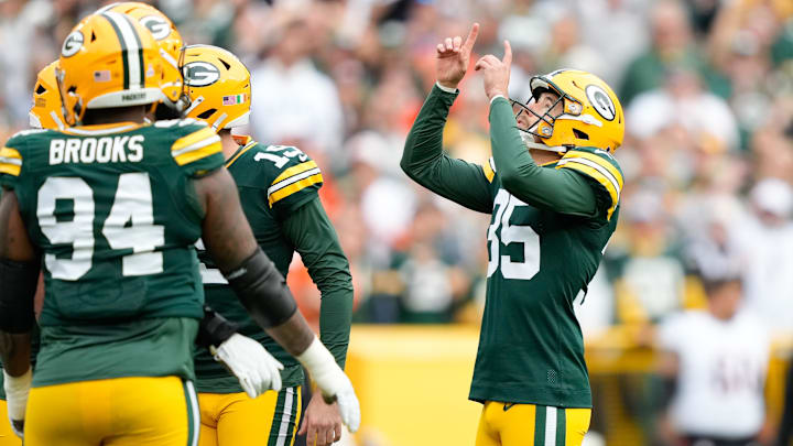 Oct 12, 2025; Green Bay, Wisconsin, USA; Green Bay Packers kicker Lucas Havrisik (35) celebrates a field goal during the second quarter against the Cincinnati Bengals at Lambeau Field. Mandatory Credit: Kayla Wolf-Imagn Images