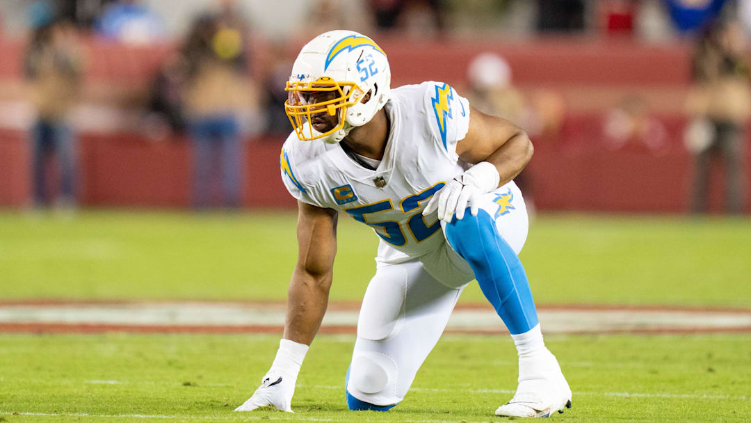 November 13, 2022; Santa Clara, California, USA; Los Angeles Chargers linebacker Khalil Mack (52) during the second quarter against the San Francisco 49ers at Levi's Stadium. Mandatory Credit: Kyle Terada-Imagn Images