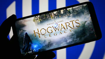 In this photo illustration, Hogwarts Legacy logo of a video...