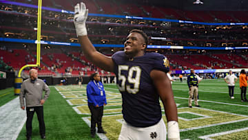 Oct 19, 2024; Atlanta, Georgia, USA; Notre Dame Fighting Irish offensive lineman Aamil Wagner (59) celebrates after a victory over the Georgia Tech Yellow Jackets.
