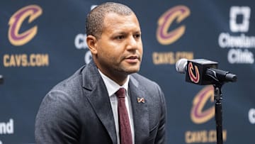 Oct 2, 2023; Cleveland, OH, USA;  Cleveland Cavaliers general manager Koby Altman talks to the media during media day at Rocket Mortgage FieldHouse. Mandatory Credit: Ken Blaze-Imagn Images