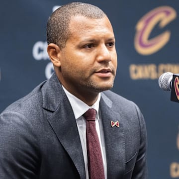 Oct 2, 2023; Cleveland, OH, USA;  Cleveland Cavaliers general manager Koby Altman talks to the media during media day at Rocket Mortgage FieldHouse.