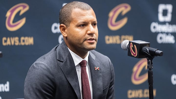 Oct 2, 2023; Cleveland, OH, USA;  Cleveland Cavaliers general manager Koby Altman talks to the media during media day at Rocket Mortgage FieldHouse.