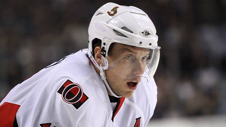 Oct 27, 2008; Buffalo, NY, USA; Ottawa Senators left wing Dany Heatley (15)during a stoppage in play against the Buffalo Sabres at the HSBC Arena.  Mandatory Credit: Kevin Hoffman-USA TODAY Sports