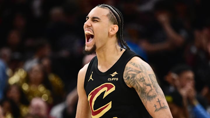May 3, 2026; Cleveland, Ohio, USA; Cleveland Cavaliers guard Jaylon Tyson (20) reacts after a play against the Toronto Raptors during the second half of game seven in the first round of the 2026 NBA Playoffs at Rocket Arena. Mandatory Credit: Ken Blaze-Imagn Images