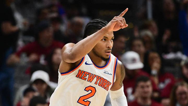 May 25, 2026; Cleveland, Ohio, USA; New York Knicks guard Miles McBride (2) reacts in the fourth quarter against the Cleveland Cavaliers during game four of the eastern conference finals for the 2026 NBA playoffs at Rocket Arena. Mandatory Credit: Ken Blaze-Imagn Images
