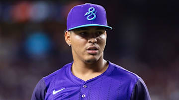 May 9, 2025; Phoenix, Arizona, USA; Arizona Diamondbacks pitcher Cristian Mena against the Los Angeles Dodgers at Chase Field. Mandatory Credit: Mark J. Rebilas-Imagn Images