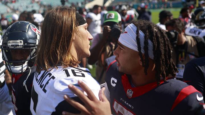 Jacksonville Jaguars quarterback Trevor Lawrence (16) and Houston Texans quarterback C.J. Stroud (7) talk after the game of an NFL football matchup Sunday, Sept. 24, 2023 at EverBank Stadium in Jacksonville, Fla. The Houston Texans defeated the Jacksonville Jaguars 37-17. 