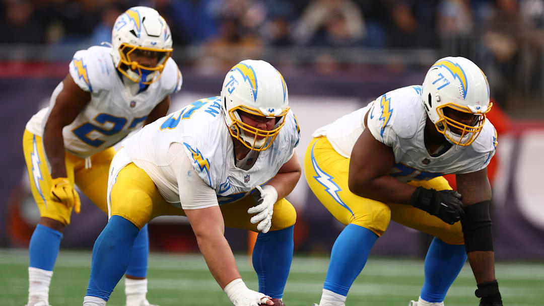 Los Angeles Chargers offensive linemen Bradley Bozeman (L) and Zion Johnson (R)