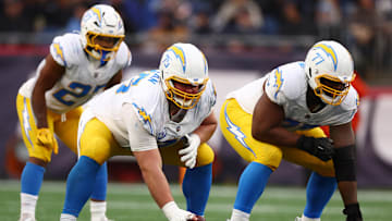 Los Angeles Chargers offensive linemen Bradley Bozeman (L) and Zion Johnson (R)