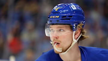 Mar 25, 2025; Buffalo, New York, USA;  Buffalo Sabres defenseman Bowen Byram (4) on the ice before a game against the Ottawa Senators at KeyBank Center. Mandatory Credit: Timothy T. Ludwig-Imagn Images
