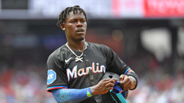 Jun 30, 2024; Philadelphia, Pennsylvania, USA;Miami Marlins outfielder Jazz Chisholm Jr. (2) stands on first base after hitting an RBI single against the Philadelphia Phillies during the third inning at Citizens Bank Park. Mandatory Credit: Eric Hartline-USA TODAY Sports