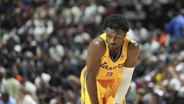 Jul 10, 2025; Las Vegas, NV, USA; Los Angeles Lakers guard Bronny James (9) prepares for the start of the second quarter against the Dallas Mavericks at Thomas & Mack Center. Mandatory Credit: Candice Ward-Imagn Images