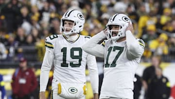 Oct 26, 2025; Pittsburgh, Pennsylvania, USA; Green Bay Packers place kicker Brandon McManus (17) reacts after missing a field goal against the Pittsburgh Steelers during the second quarter at Acrisure Stadium. Mandatory Credit: Charles LeClaire-Imagn Images
