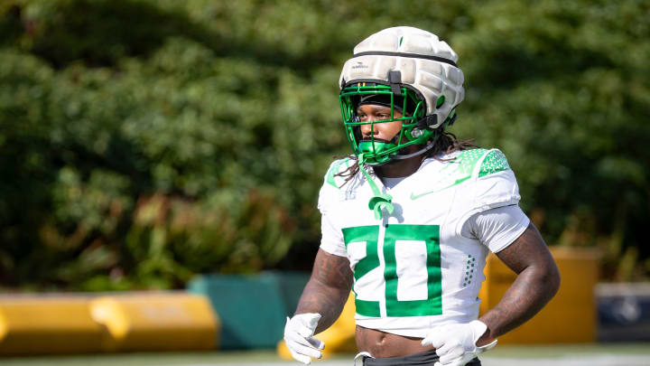 Oregon running back Jordan James works out during practice with the Oregon Ducks Tuesday, Aug. 20, 2024 at the Hatfield-Dowlin Complex in Eugene, Ore.