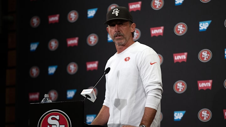 Jun 10, 2025; Santa Clara, CA, USA; San Francisco 49ers head coach Kyle Shanahan speaks to the media following an OTA at Levi's Stadium. Mandatory Credit: D. Ross Cameron-Imagn Images