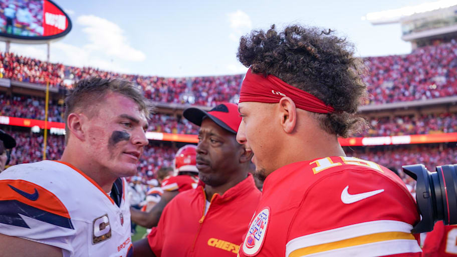 Nov 10, 2024; Kansas City, Missouri, USA; Kansas City Chiefs quarterback Patrick Mahomes (15) greets Denver Broncos quarterback Bo Nix (10) after the game at GEHA Field at Arrowhead Stadium. Mandatory Credit: Denny Medley-Imagn Images | Denny Medley-Imagn Images