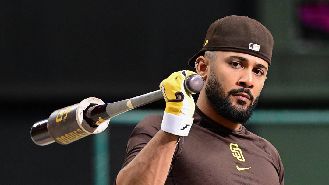 May 13, 2026; Milwaukee, Wisconsin, USA; San Diego Padres second baseman Fernando Tatis Jr. (23) gets ready to play the Milwaukee Brewers at American Family Field. Mandatory Credit: Benny Sieu-Imagn Images