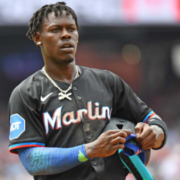 Jun 30, 2024; Philadelphia, Pennsylvania, USA;Miami Marlins outfielder Jazz Chisholm Jr. (2) stands on first base after hitting an RBI single against the Philadelphia Phillies during the third inning at Citizens Bank Park.