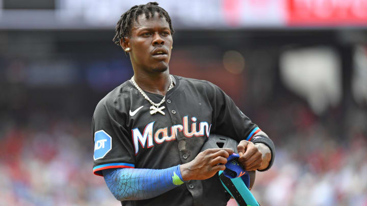 Jun 30, 2024; Philadelphia, Pennsylvania, USA;Miami Marlins outfielder Jazz Chisholm Jr. (2) stands on first base after hitting an RBI single against the Philadelphia Phillies during the third inning at Citizens Bank Park.