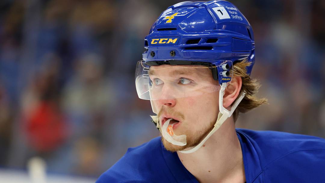 Mar 25, 2025; Buffalo, New York, USA;  Buffalo Sabres defenseman Bowen Byram (4) on the ice before a game against the Ottawa Senators at KeyBank Center. Mandatory Credit: Timothy T. Ludwig-Imagn Images