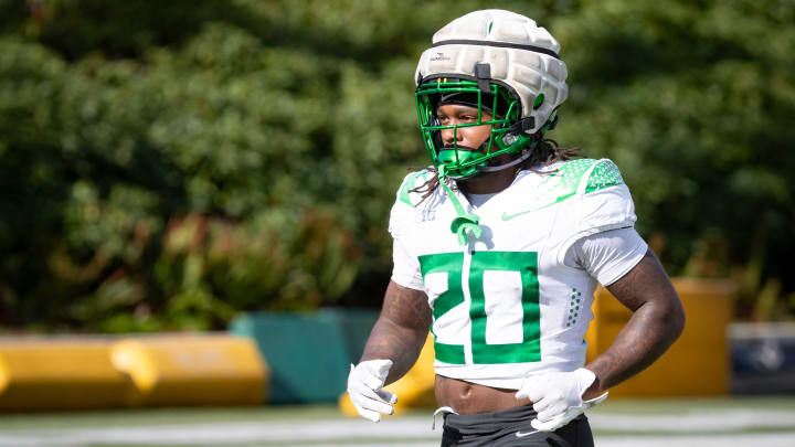 Oregon running back Jordan James works out during practice with the Oregon Ducks Tuesday, Aug. 20, 2024 at the Hatfield-Dowlin Complex in Eugene, Ore.