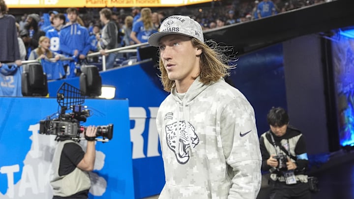 Nov 17, 2024; Detroit, MI, USA; Jacksonville Jaguars quarterback Trevor Lawrence (16) takes the field for warm up before the game between Detroit Lions and Jacksonville Jaguars at Ford Field in Detroit on Sunday, Nov. 17, 2024. 