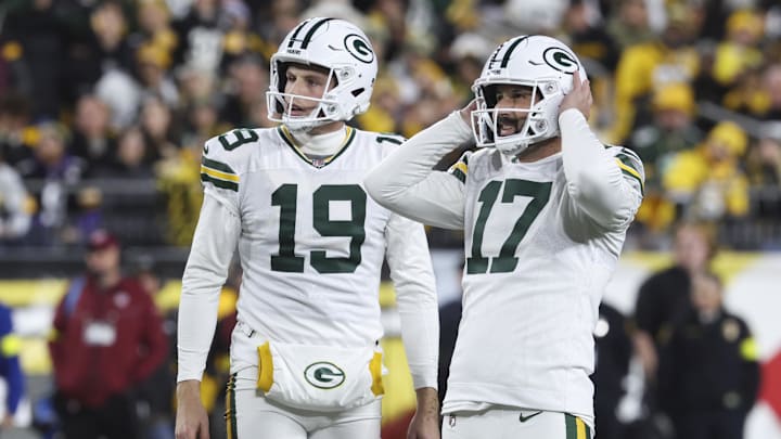Green Bay Packers place kicker Brandon McManus (17) reacts after missing a field goal against the Pittsburgh Steelers during the second quarter at Acrisure Stadium.