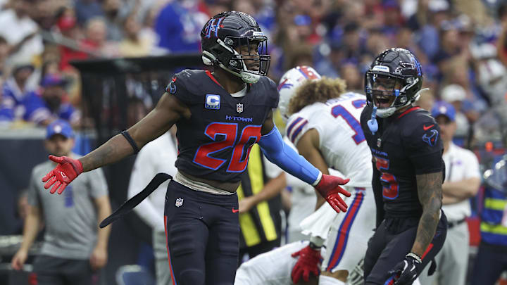 Oct 6, 2024; Houston, Texas, USA; Houston Texans safety Jimmie Ward (20) reacts after making a tackle during the second quarter against the Buffalo Bills at NRG Stadium. Mandatory Credit: Troy Taormina-Imagn Images Oct 6, 2024; Houston, Texas, USA; Houston Texans safety Jimmie Ward (20) reacts after making a tackle during the second quarter against the Buffalo Bills at NRG Stadium. Mandatory Credit: Troy Taormina-Imagn Images