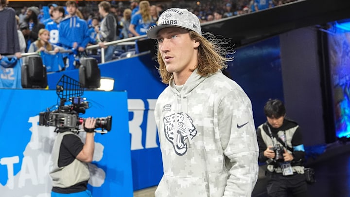 Jacksonville Jaguars quarterback Trevor Lawrence (16) takes the field for warm up before the game between Detroit Lions and Jacksonville Jaguars at Ford Field in Detroit on Sunday, Nov. 17, 2024.