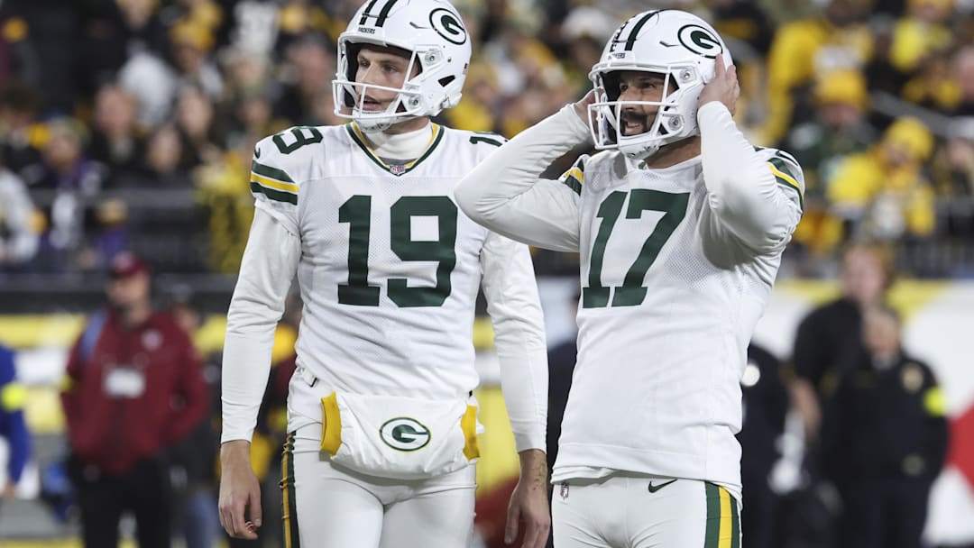 Oct 26, 2025; Pittsburgh, Pennsylvania, USA; Green Bay Packers place kicker Brandon McManus (17) reacts after missing a field goal against the Pittsburgh Steelers during the second quarter at Acrisure Stadium. Mandatory Credit: Charles LeClaire-Imagn Images