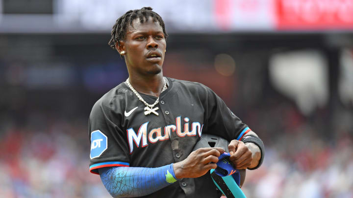 Jun 30, 2024; Philadelphia, Pennsylvania, USA;Miami Marlins outfielder Jazz Chisholm Jr. (2) stands on first base after hitting an RBI single against the Philadelphia Phillies during the third inning at Citizens Bank Park. Mandatory Credit: Eric Hartline-USA TODAY Sports