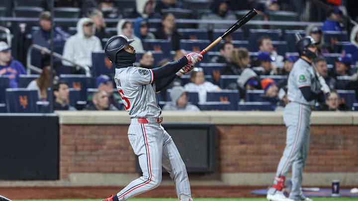 Apr 21, 2026; New York City, New York, USA;  Minnesota Twins center fielder Byron Buxton (25) hits a two-run home run in the sixth inning against the New York Mets at Citi Field. Mandatory Credit: Wendell Cruz-Imagn Images