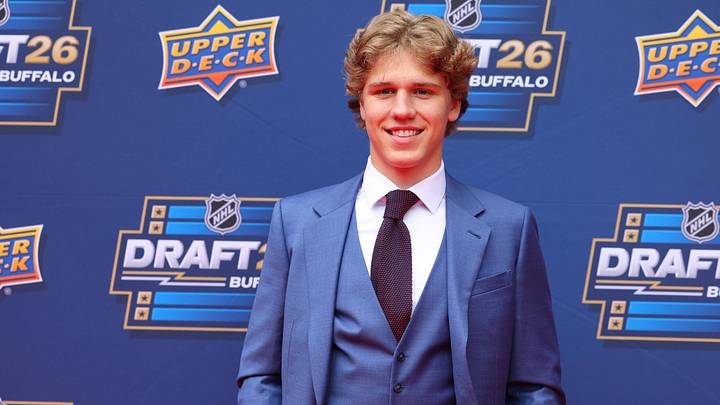 Jun 26, 2026; Buffalo, New York, USA; NHL prospect Tynan Lawrence before the first round of the 2026 NHL Draft at KeyBank Center. Mandatory Credit: Timothy T. Ludwig-Imagn Images