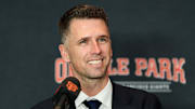Dec 12, 2024; San Francisco, CA, USA; San Francisco Giants president of baseball operations Buster Posey speaks during the introductory press conference for shortstop Willy Adames (not pictured) at Oracle Park.  Mandatory Credit: Robert Edwards-Imagn Images