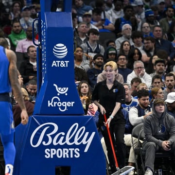Dec 14, 2023; Dallas, Texas, USA; A view of the Bally Sports logo during the game between the Dallas Mavericks and the Minnesota Timberwolves at the American Airlines Center. Mandatory Credit: Jerome Miron-USA TODAY Sports