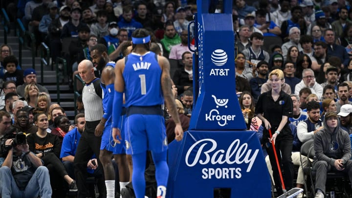 Dec 14, 2023; Dallas, Texas, USA; A view of the Bally Sports logo during the game between the Dallas Mavericks and the Minnesota Timberwolves at the American Airlines Center. Mandatory Credit: Jerome Miron-USA TODAY Sports