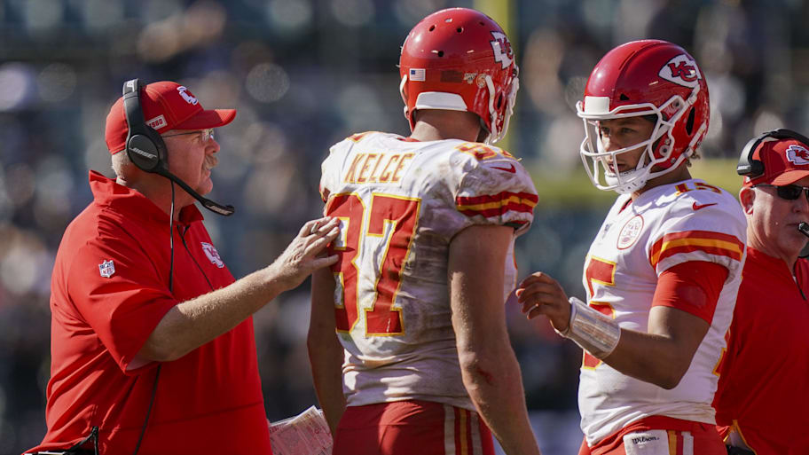 Chiefs coach Andy Reid, tight end Travis Kelce and quarterback Patrick Mahomes