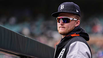 Detroit Tigers’ Parker Meadows watches a play against New York Yankees during the seventh inning at Comerica Park in Detroit on Wednesday, April 9, 2025.