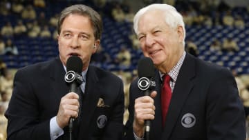 Jan 25, 2015; Pittsburgh, PA, USA; CBS network basketball commentators Kevin Harlan (L) and Bill Raftery (R) perform the pre-game show before the Pittsburgh Panthers host the Louisville Cardinals at the Petersen Events Center.