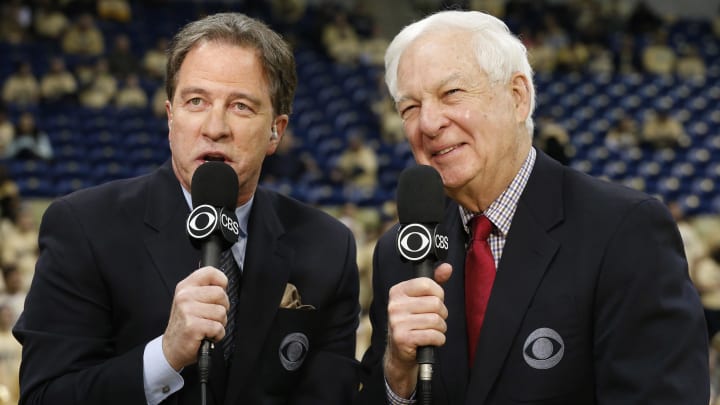 Jan 25, 2015; Pittsburgh, PA, USA; CBS network basketball commentators Kevin Harlan (L) and Bill Raftery (R) perform the pre-game show before the Pittsburgh Panthers host the Louisville Cardinals at the Petersen Events Center.